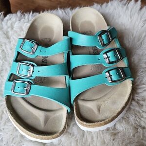 Turquoise Birkenstock size 37 three strap sandal white soles